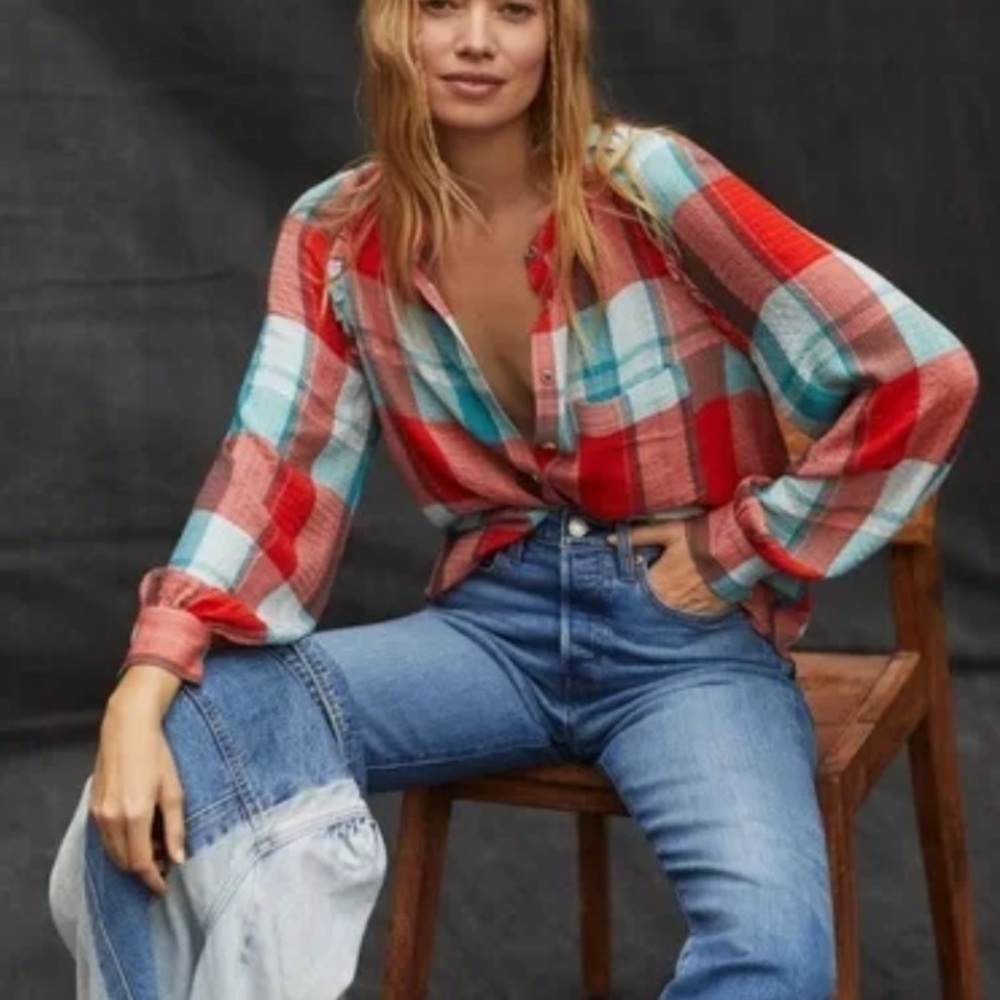 Anthropologie Pilcro Breezy Button Down Flannel Red Blue XS O